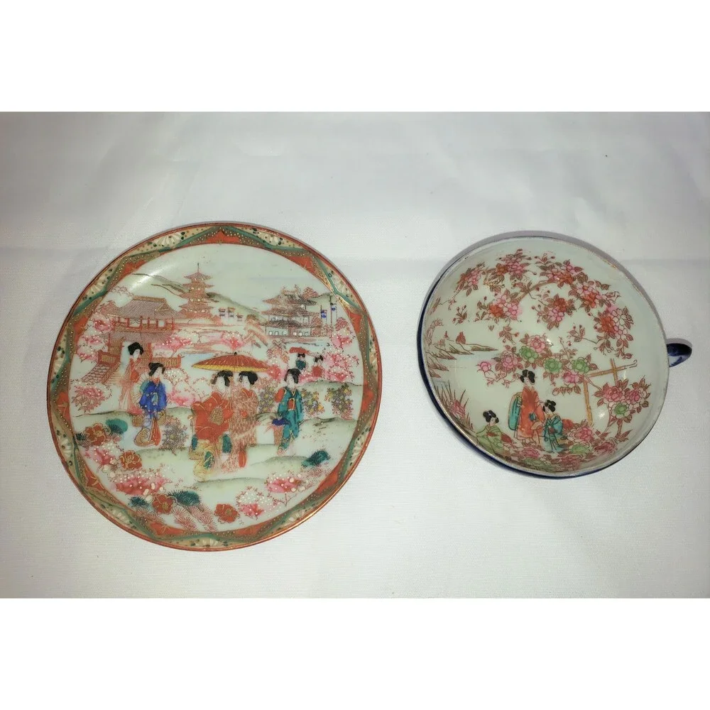 Hand Painted Moriage Vintage Geisha Teacup & Saucer Japan 1950s Vintage Japan